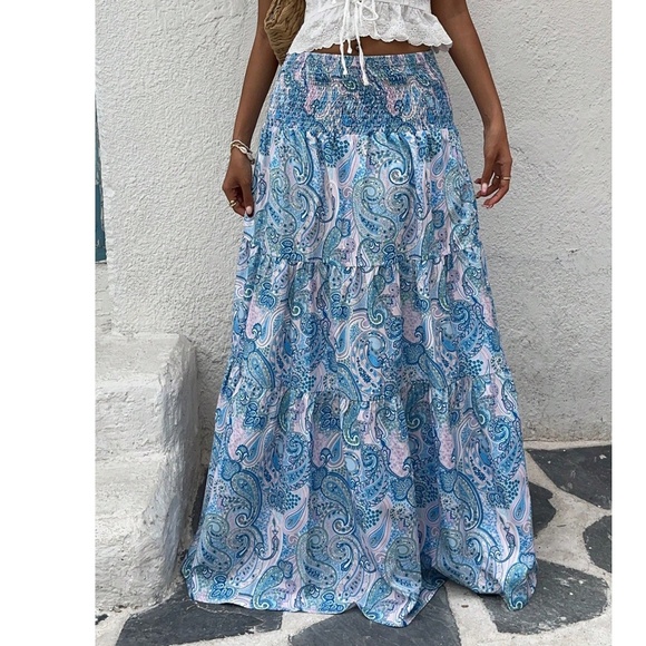 Boho Paisley Print Smocked Stretchy Waist maxi Skirt - Picture 8 of 8